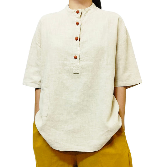 2024 Fall/Winter new cotton-linen women's clothing, linen stand-collar color-blocking button-up pullover, plus-size women's cotton-linen shirt