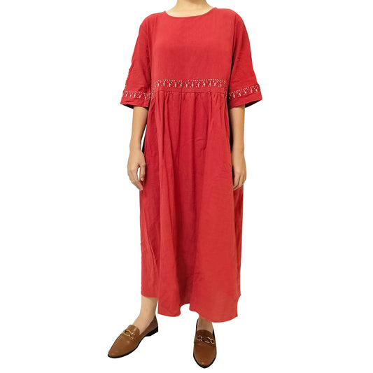 New Premium Original Ramie Dress: Artistic Vintage, Loose Fit, Embroidered Ramie Maxi Dress