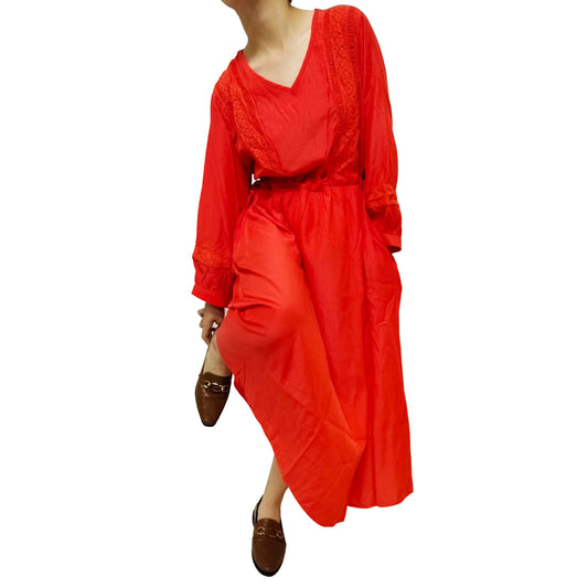 Comfortable, Stylish, and Minimalistic Seven-Quarter Sleeve Artistic Belted Maxi Dress with Long V-Neck