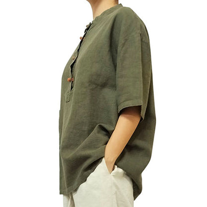 2024 Fall/Winter new cotton-linen women's clothing, linen stand-collar color-blocking button-up pullover, plus-size women's cotton-linen shirt