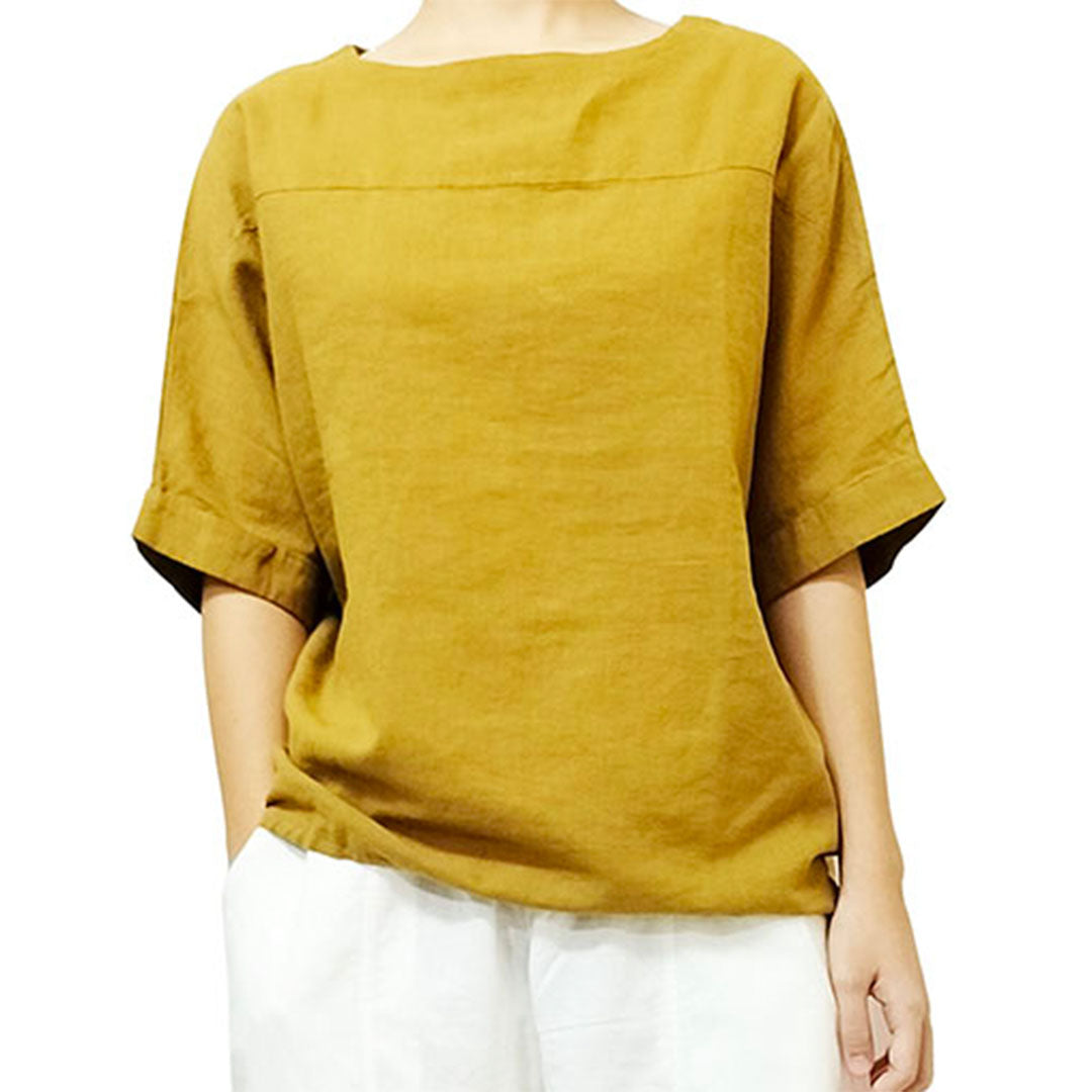 Summer New Women's Cotton Linen Clothing: Vintage Loose-Fit Lightweight Sand-Washed Round Neck Patchwork Short-Sleeve Top in Cotton Linen.