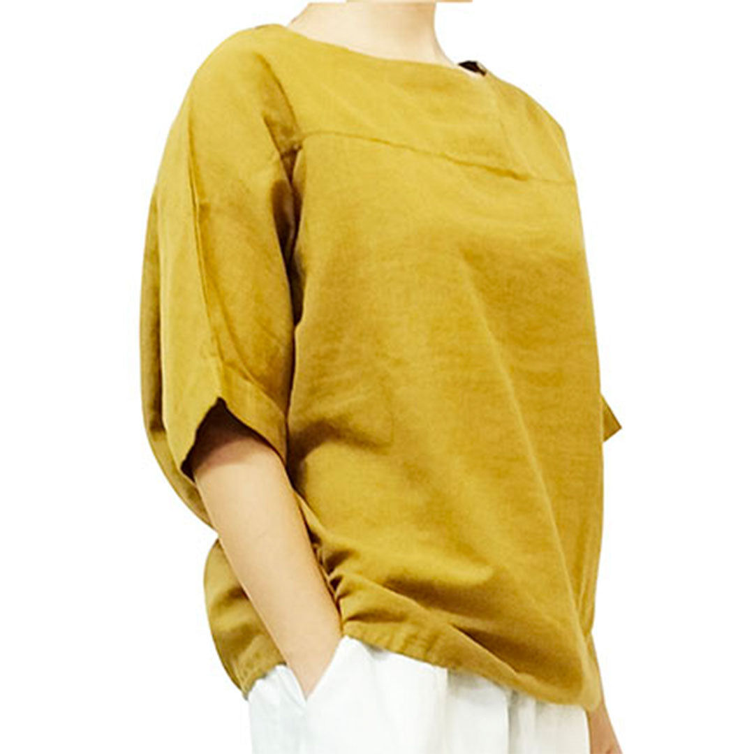 Summer New Women's Cotton Linen Clothing: Vintage Loose-Fit Lightweight Sand-Washed Round Neck Patchwork Short-Sleeve Top in Cotton Linen.