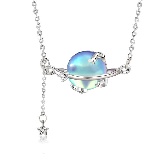 S925 Sterling Silver Moonstone Planet Necklace: Unique Forest Design