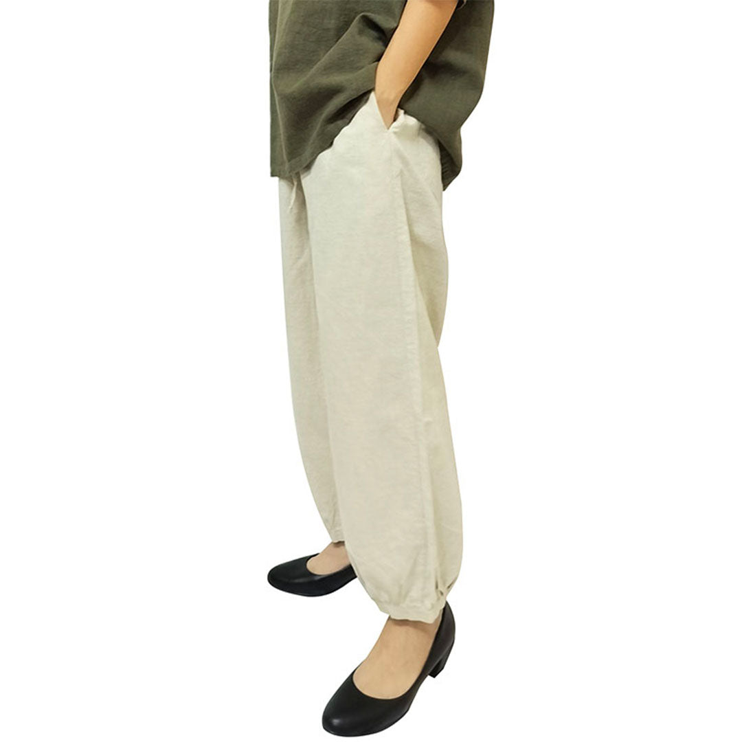 2024 Spring/Summer New Collection Cotton-Linen Women’s Fashion Vintage Loose Casual Linen Pants with Elastic Waist and 9/10-Length Lantern Legs