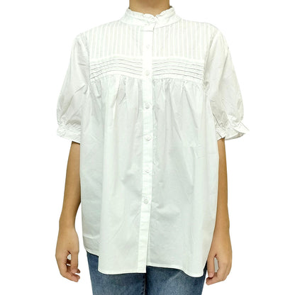 Chic mid-sleeve white shirt with unique collar, pure cotton for an elegant summer commute