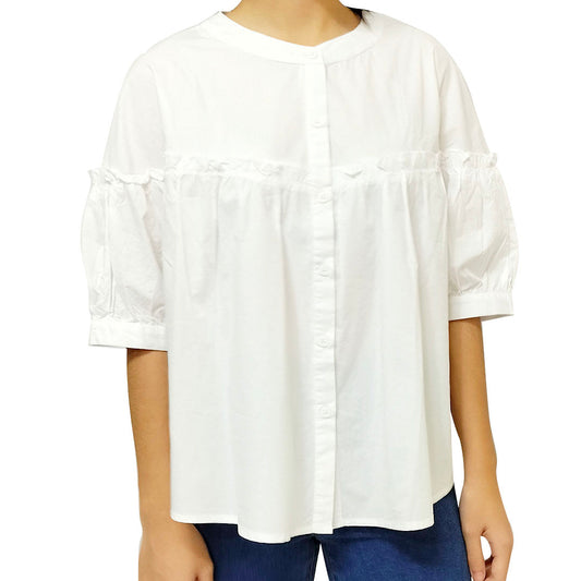 New Summer Korean Style Loose and Sweet Round Neck Women's Half Sleeve White Cotton Shirt