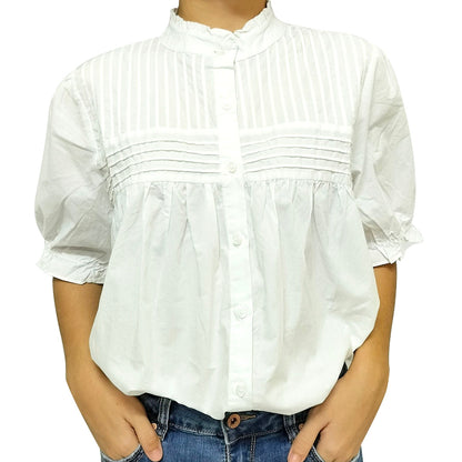 Chic mid-sleeve white shirt with unique collar, pure cotton for an elegant summer commute