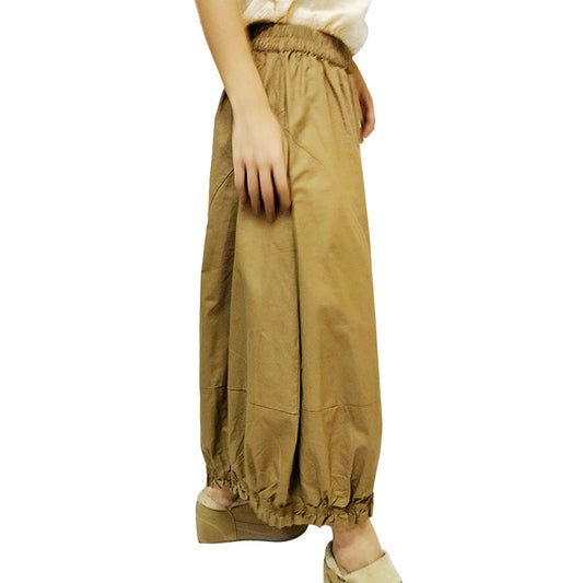 Retro Cotton Wide-Leg Pants: Elastic Waist, Ruffled Edges, and Cropped Length