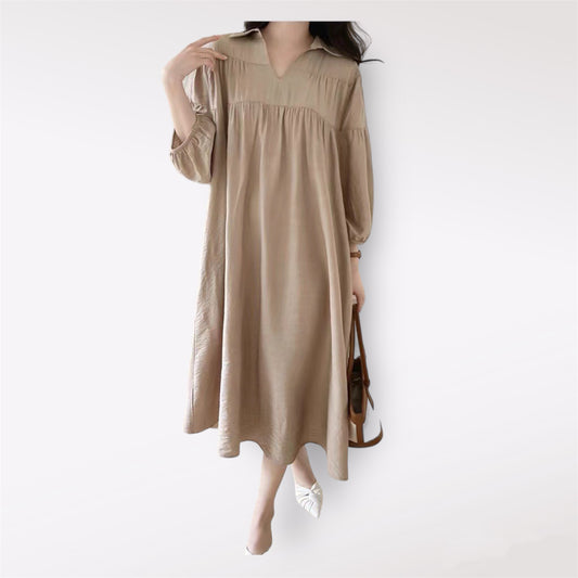 Korean Chic Loose Fit Lantern Sleeve Dress with V-Neck and Waist Tie, Long Sleeve Women’s Midi Dress