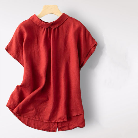 2024 New Short Sleeve Turn-Down Collar Cotton Linen Shirt, Artistic Vintage Women’s Blouse with Doll Collar, Loose Fit