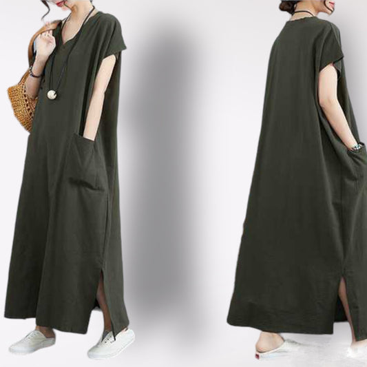 New Retro Cotton Linen V-Neck Plus Size Loose Fit Dress with Pocket Design and Short Sleeves