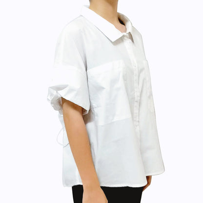 2024 Summer New Women’s Cotton Short Sleeve Shirt: Loose Fit, Stylish Elastic Sleeve Blouse