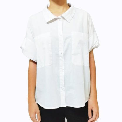 2024 Summer New Women’s Cotton Short Sleeve Shirt: Loose Fit, Stylish Elastic Sleeve Blouse