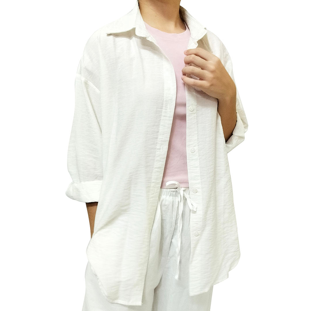 Water Forest Ivory White Loose Long Sleeve Shirt, Linen Tencel, Sun Protection, Cool and Natural, Summer 2024 Women's Top