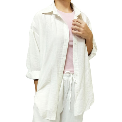 Water Forest Ivory White Loose Long Sleeve Shirt, Linen Tencel, Sun Protection, Cool and Natural, Summer 2024 Women's Top