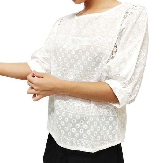 Elegant 2024 White Bubble Short Sleeve Top with Embroidery for Women