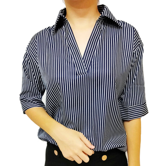 Loose Striped Shirt: Slimming Seven-Quarter Sleeve Top, Versatile Casual Blouse