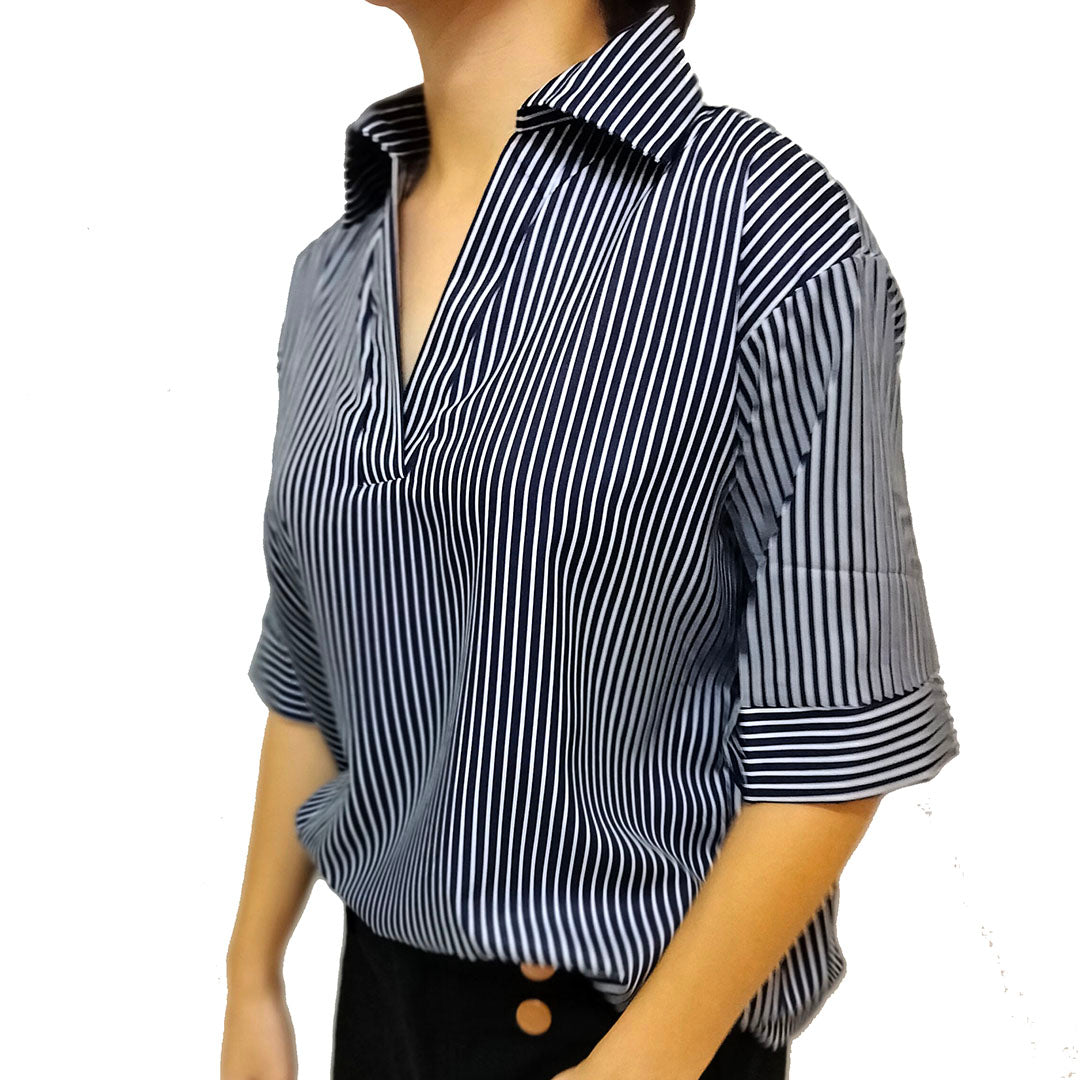 Loose Striped Shirt: Slimming Seven-Quarter Sleeve Top, Versatile Casual Blouse