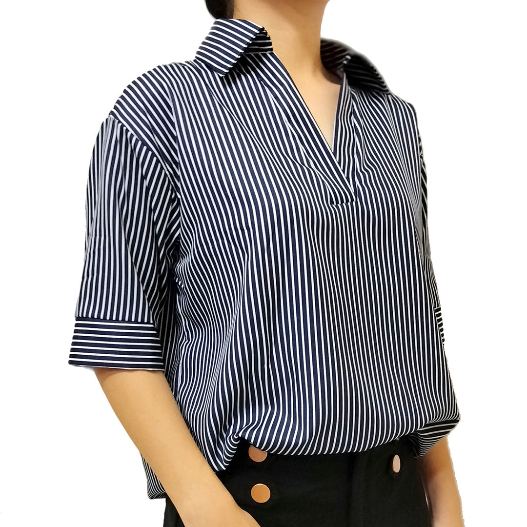 Loose Striped Shirt: Slimming Seven-Quarter Sleeve Top, Versatile Casual Blouse