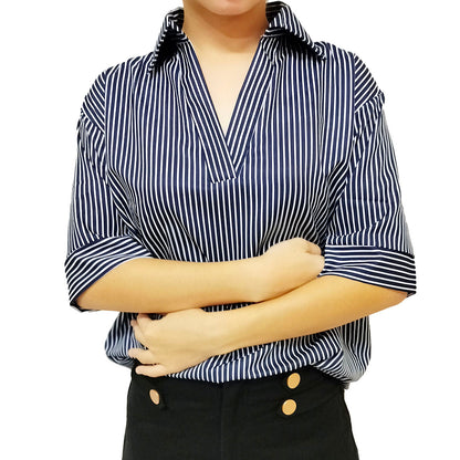 Loose Striped Shirt: Slimming Seven-Quarter Sleeve Top, Versatile Casual Blouse