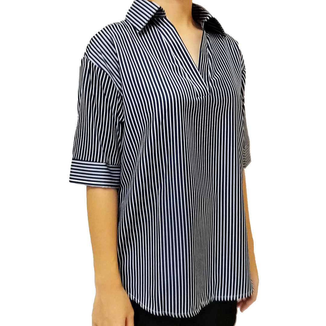 Loose Striped Shirt: Slimming Seven-Quarter Sleeve Top, Versatile Casual Blouse