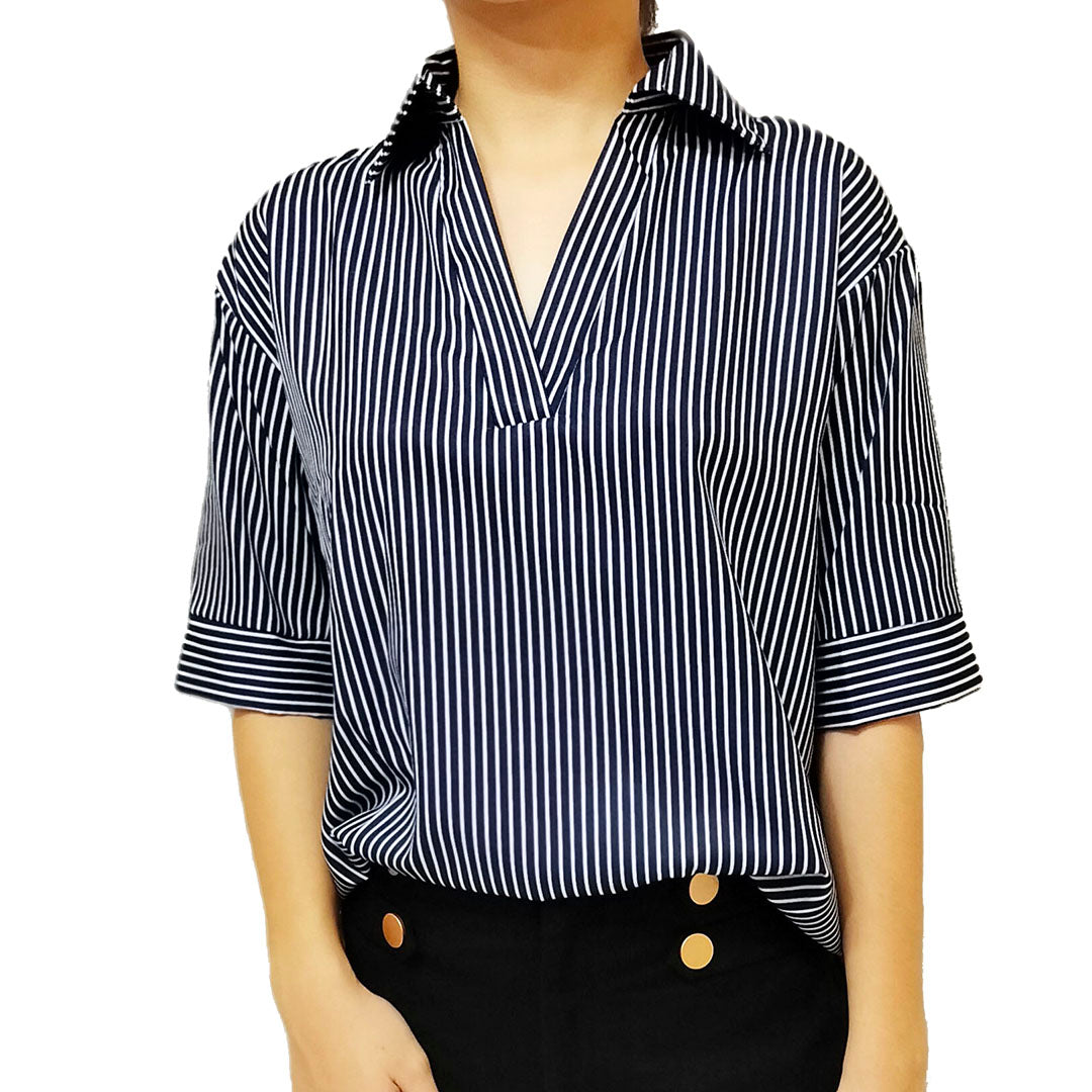 Loose Striped Shirt: Slimming Seven-Quarter Sleeve Top, Versatile Casual Blouse