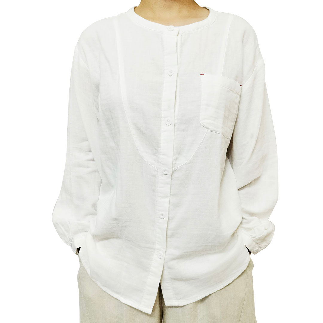 Autumn New Arrival: Sweet Double-Layer Cotton Gauze Long-Sleeve Shirt with Single Pocket for Women - White Blouse.