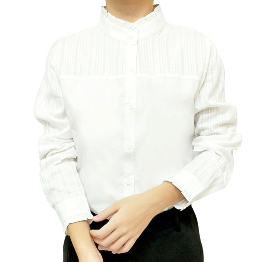 Women’s Long Sleeve White Shirt: Striped Design, Slim Fit, Cotton Base Blouse with Ruffled Collar