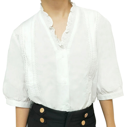 2024 Summer New Loose Cotton Short Sleeve V-Neck White Shirt: Chic Women’s Blouse