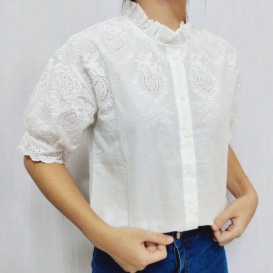 Embroidered Cotton White Shirt, Long Sleeve, Loose Fit, Elegant Commute Style